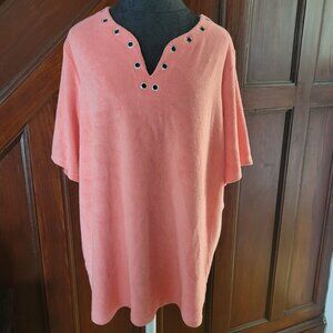Quacker Factory Coral Terrycloth Top W/Metal Grommet Neckline 1X Short Sleeve Wo